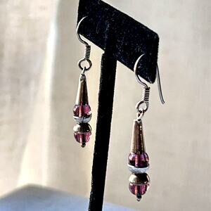 Vintage Space Age Sterling Silver, Amethyst Bead Earrings